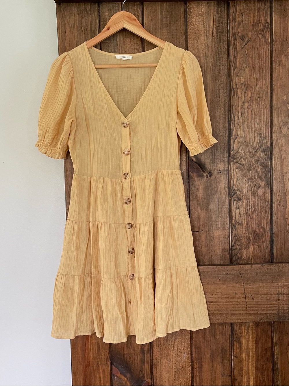 Mine Yellow Tiered V Neck Button Front Puff Sleeve Dress Small Romantic Feminine